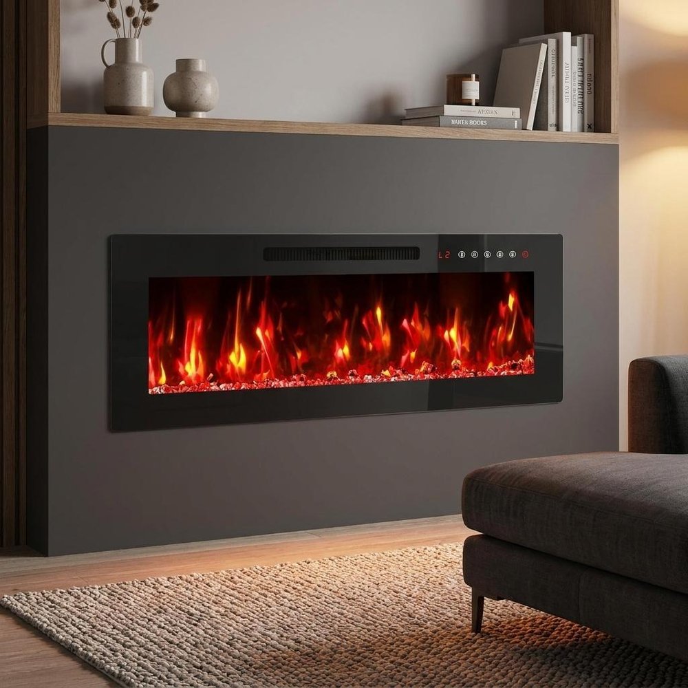 36" Black And Red Metal Electric Fireplace Insert With LED HomeRoots