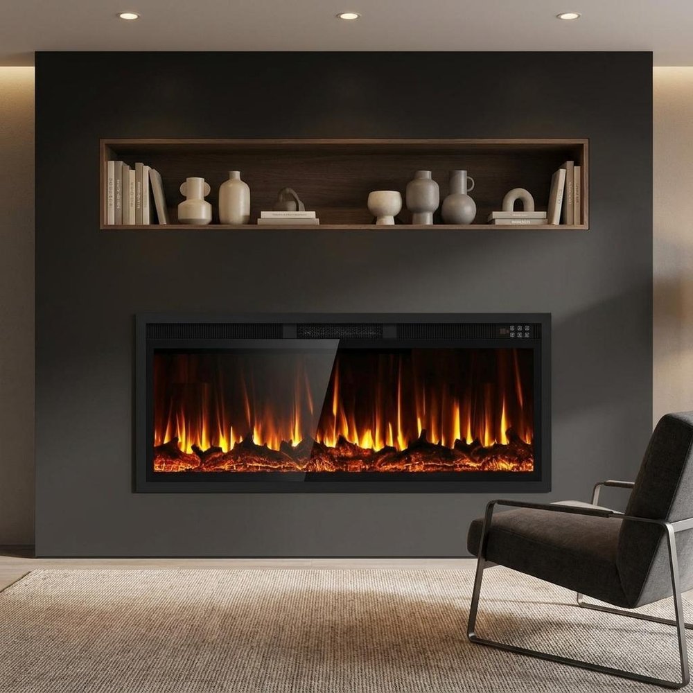 50" Black And Red Metal Electric Fireplace Insert With LED — view 1