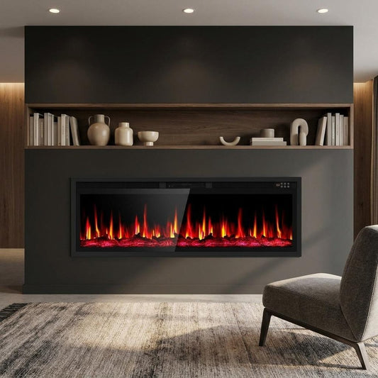 60" Black Metal Electric Fireplace Insert With LED