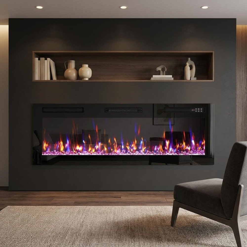 50" Black And Red Faux Crystals Metal Electric Fireplace Insert With LED HomeRoots