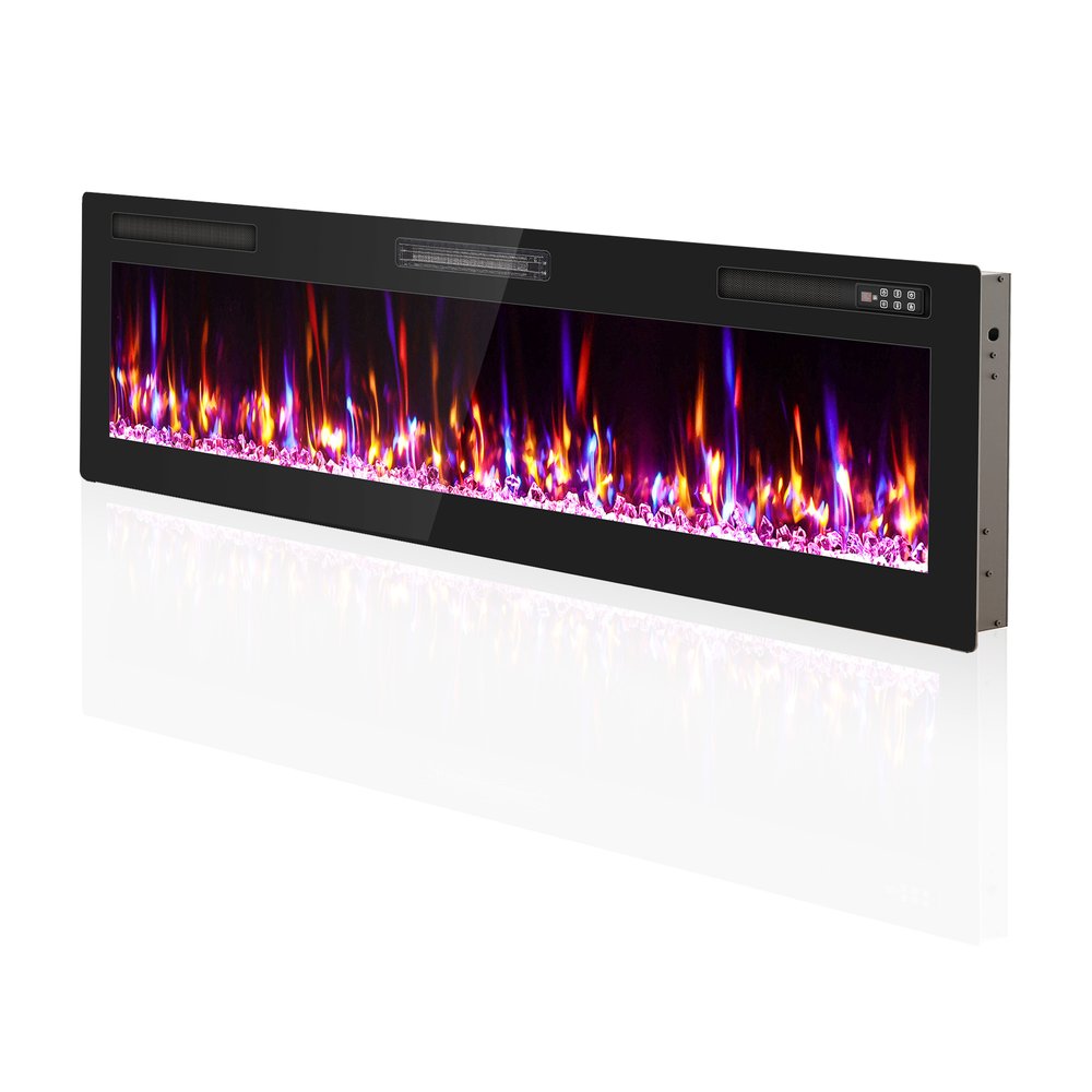 60" Black And Red Faux Crystals Metal Electric Fireplace Insert With LED HomeRoots