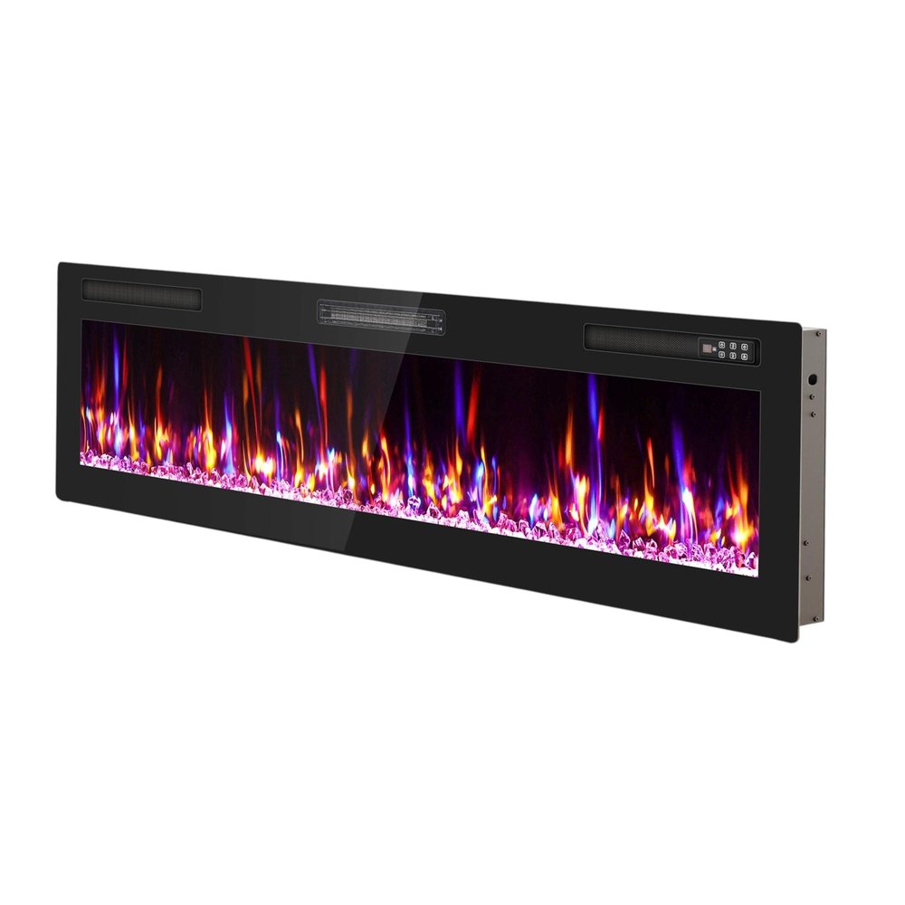 60" Black And Red Faux Crystals Metal Electric Fireplace Insert With LED HomeRoots