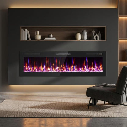 60" Black And Red Faux Crystals Metal Electric Fireplace Insert With LED HomeRoots