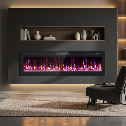 60" Black And Red Faux Crystals Metal Electric Fireplace Insert With LED HomeRoots