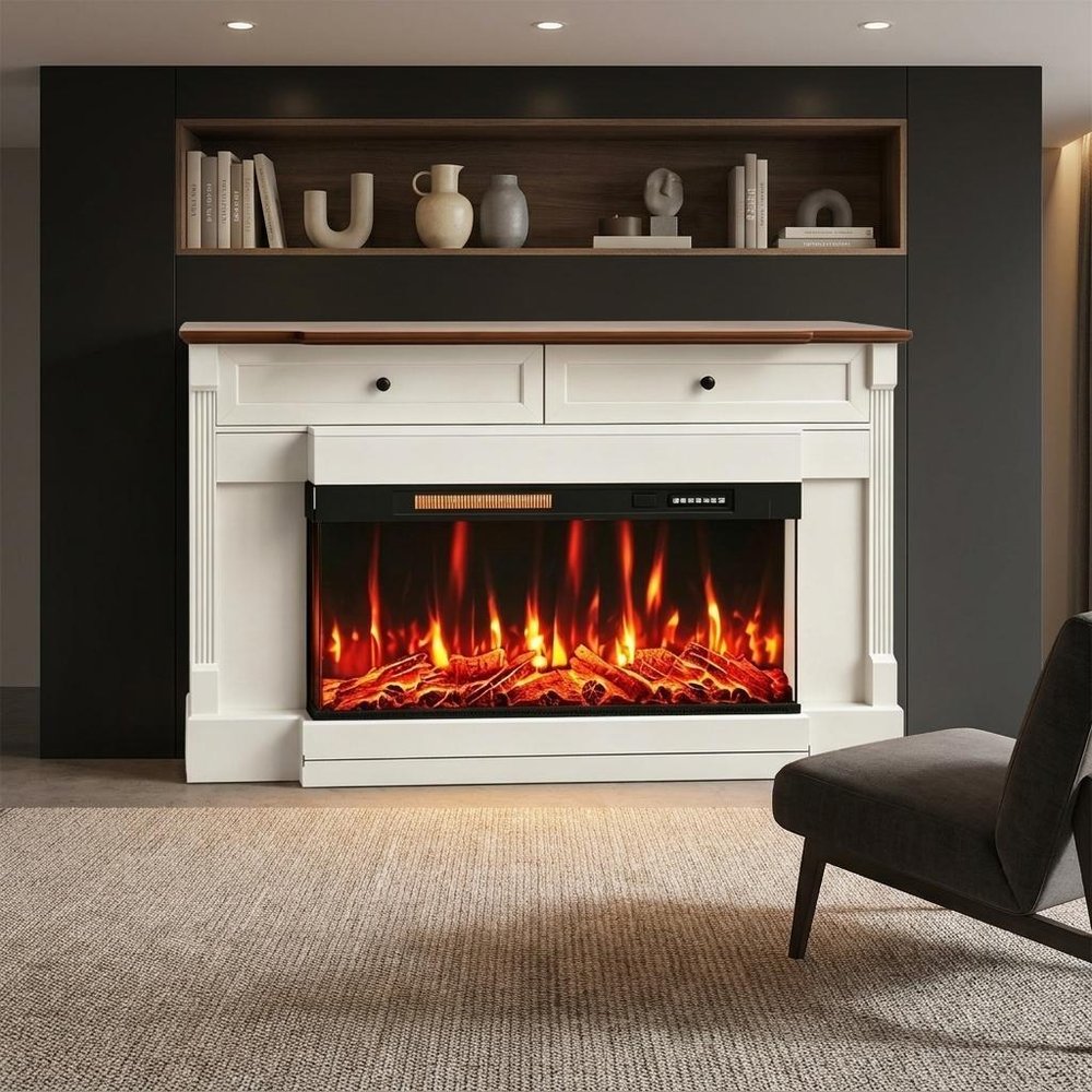 61" Black And Red Metal Electric Fireplace Insert With Mantle With LED — view 1