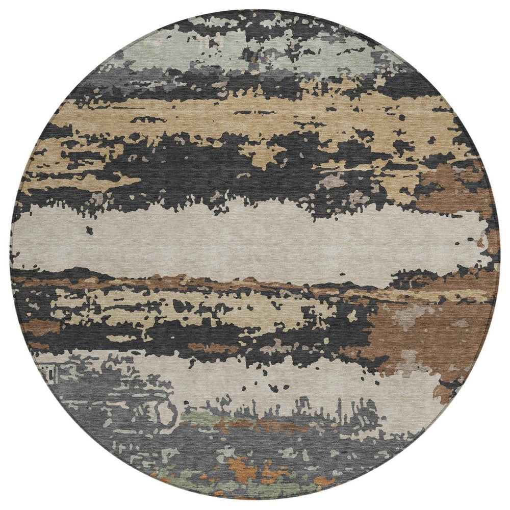8' Charcoal And Brown Round Abstract Washable Indoor Outdoor Area Rug HomeRoots