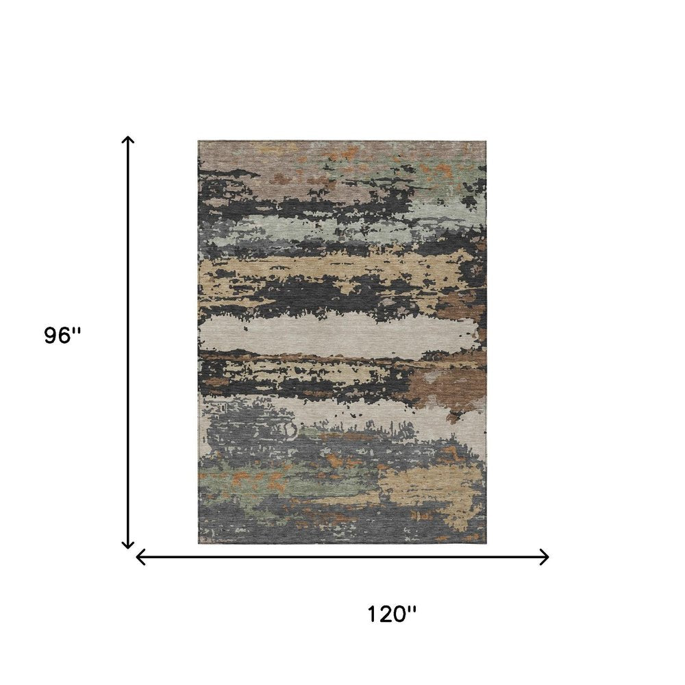 8' X 10' Charcoal And Brown Abstract Washable Indoor Outdoor Area Rug