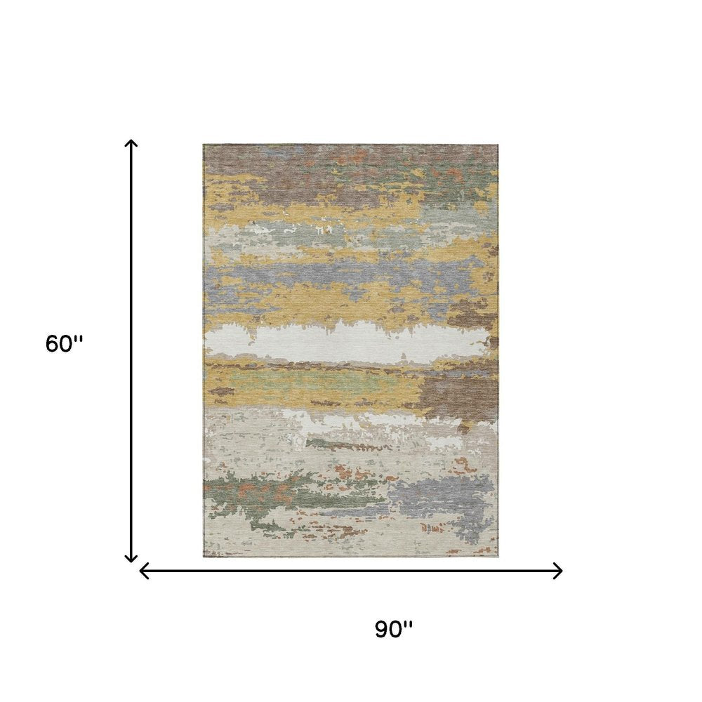 5' X 8' Gold And Ivory Abstract Washable Indoor Outdoor Area Rug HomeRoots