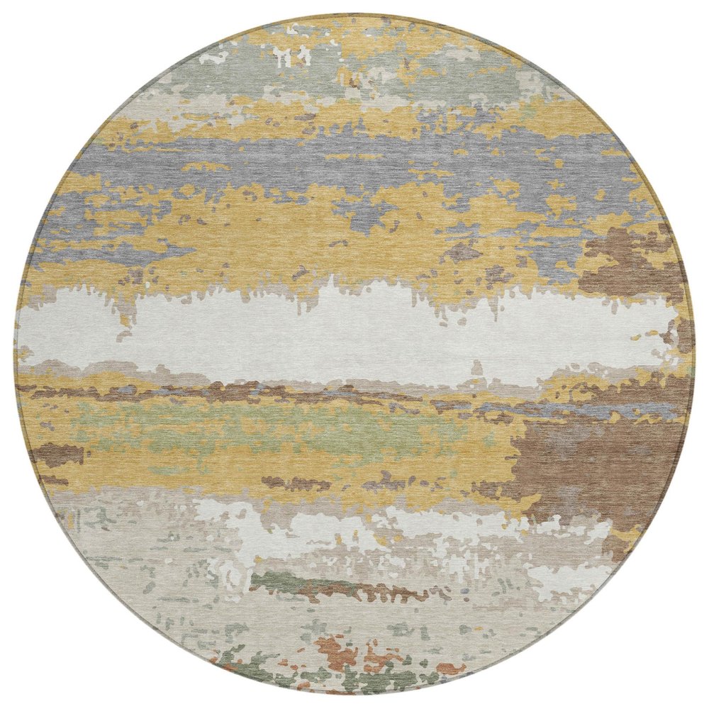 8' Gold And Ivory Round Abstract Washable Indoor Outdoor Area Rug HomeRoots
