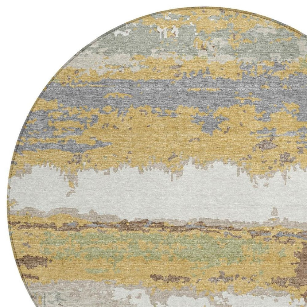 8' Gold And Ivory Round Abstract Washable Indoor Outdoor Area Rug HomeRoots