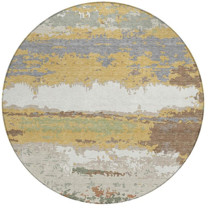 8' Gold And Ivory Round Abstract Washable Indoor Outdoor Area Rug HomeRoots