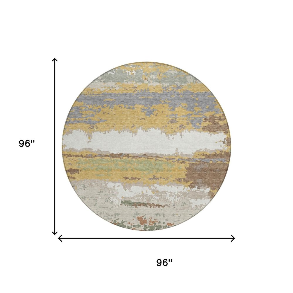 8' Gold And Ivory Round Abstract Washable Indoor Outdoor Area Rug HomeRoots
