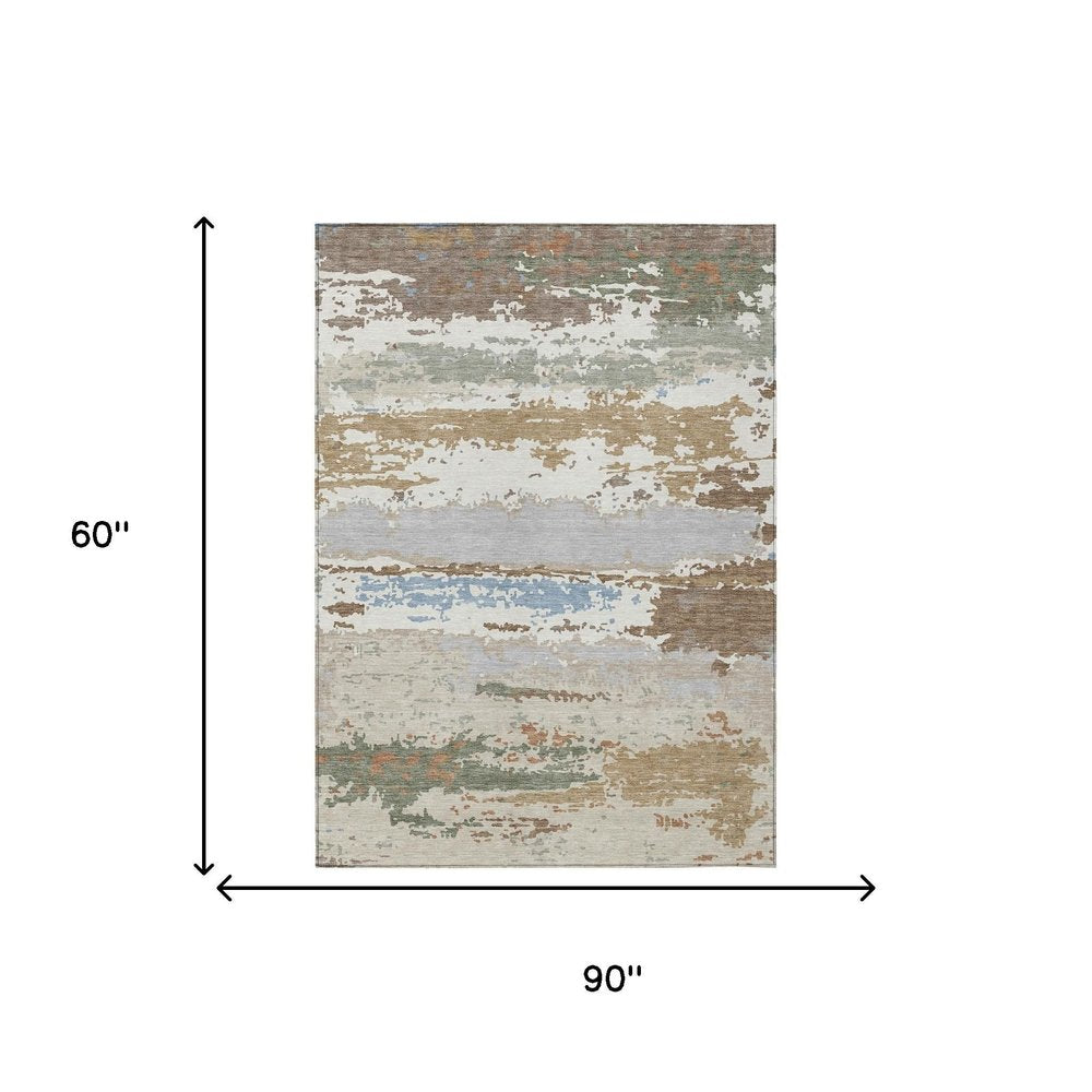 5' X 8' Ivory And Taupe Abstract Washable Indoor Outdoor Area Rug HomeRoots