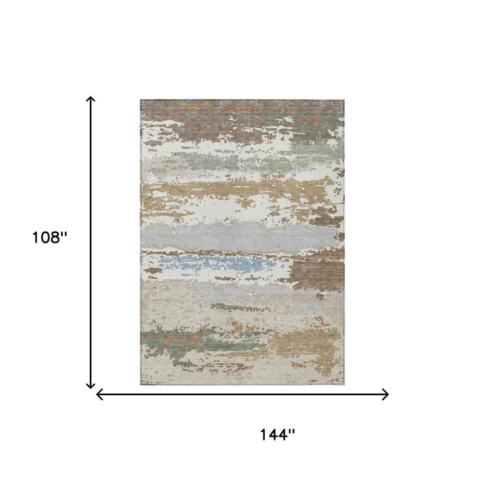 9' X 12' Ivory And Taupe Abstract Washable Indoor Outdoor Area Rug