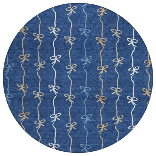8' Navy Blue And Denim Blue Round Southwestern Washable Indoor Outdoor Area Rug
