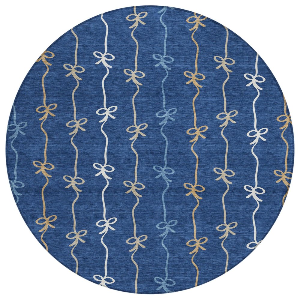 8' Navy Blue And Denim Blue Round Southwestern Washable Indoor Outdoor Area Rug HomeRoots