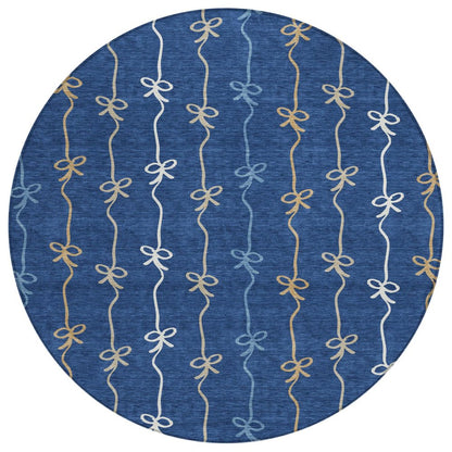 8' Navy Blue And Denim Blue Round Southwestern Washable Indoor Outdoor Area Rug HomeRoots