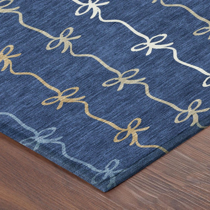 8' Navy Blue And Denim Blue Round Southwestern Washable Indoor Outdoor Area Rug