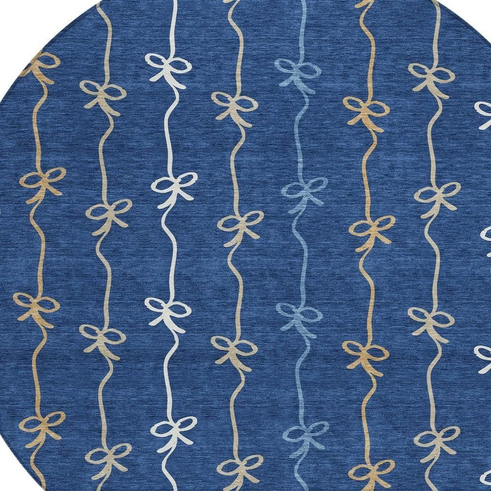 8' Navy Blue And Denim Blue Round Southwestern Washable Indoor Outdoor Area Rug HomeRoots