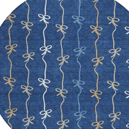 8' Navy Blue And Denim Blue Round Southwestern Washable Indoor Outdoor Area Rug HomeRoots