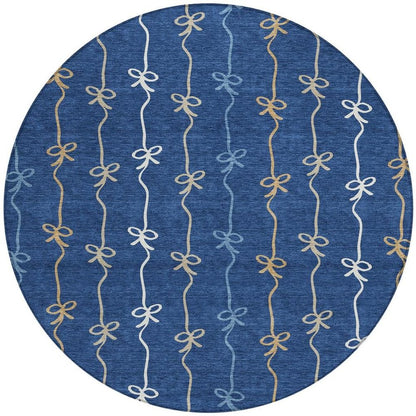 8' Navy Blue And Denim Blue Round Southwestern Washable Indoor Outdoor Area Rug