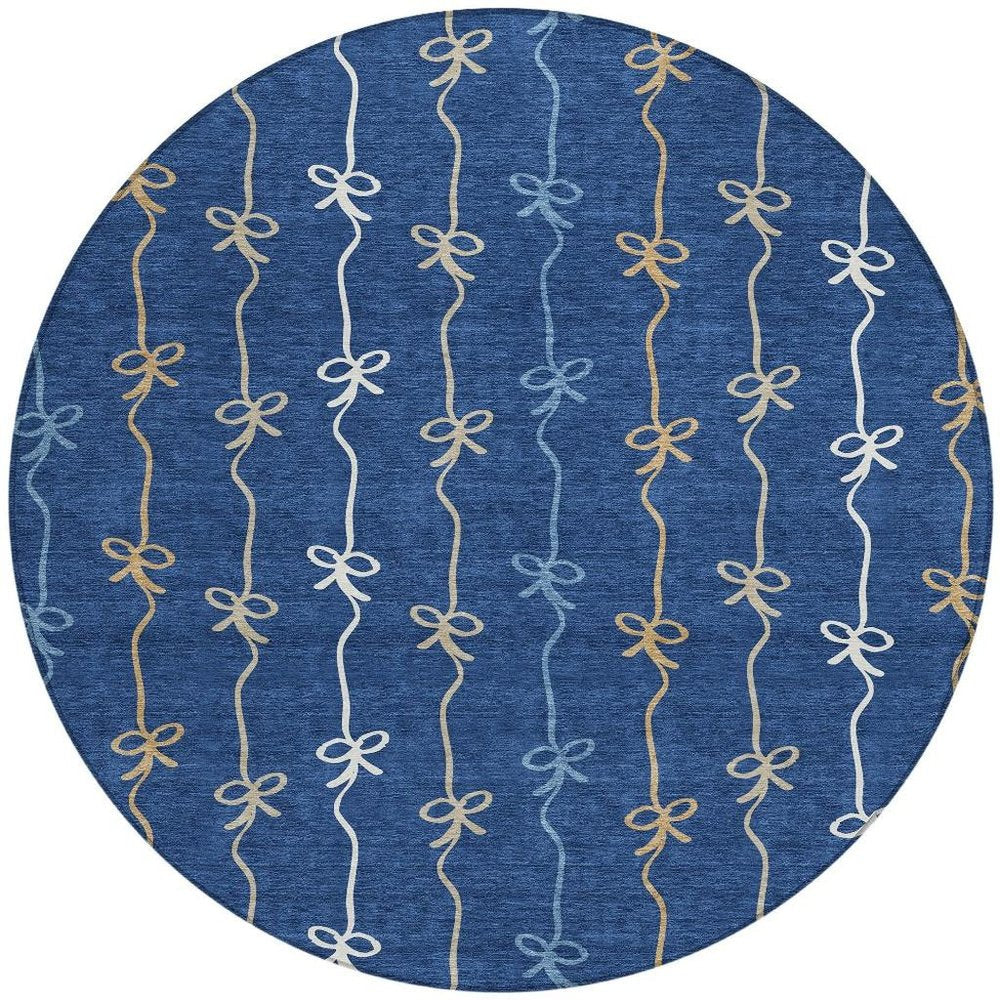 8' Navy Blue And Denim Blue Round Southwestern Washable Indoor Outdoor Area Rug HomeRoots