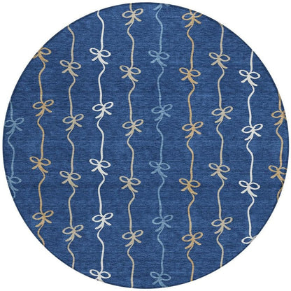 8' Navy Blue And Denim Blue Round Southwestern Washable Indoor Outdoor Area Rug HomeRoots