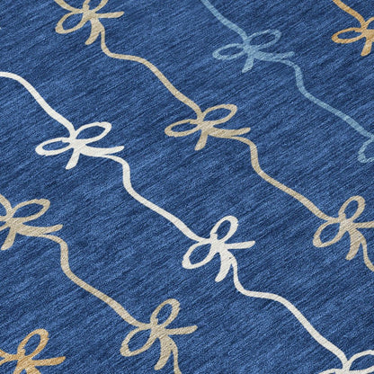 8' Navy Blue And Denim Blue Round Southwestern Washable Indoor Outdoor Area Rug HomeRoots