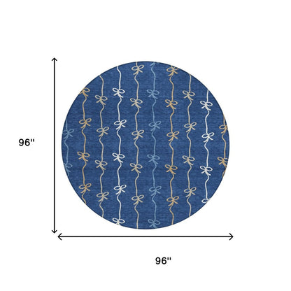 8' Navy Blue And Denim Blue Round Southwestern Washable Indoor Outdoor Area Rug HomeRoots