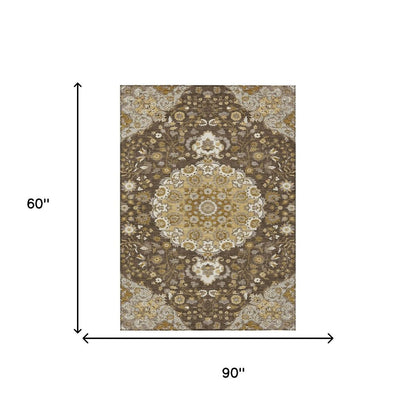 5' X 8' Chocolate And Brown Damask Washable Indoor Outdoor Area Rug HomeRoots