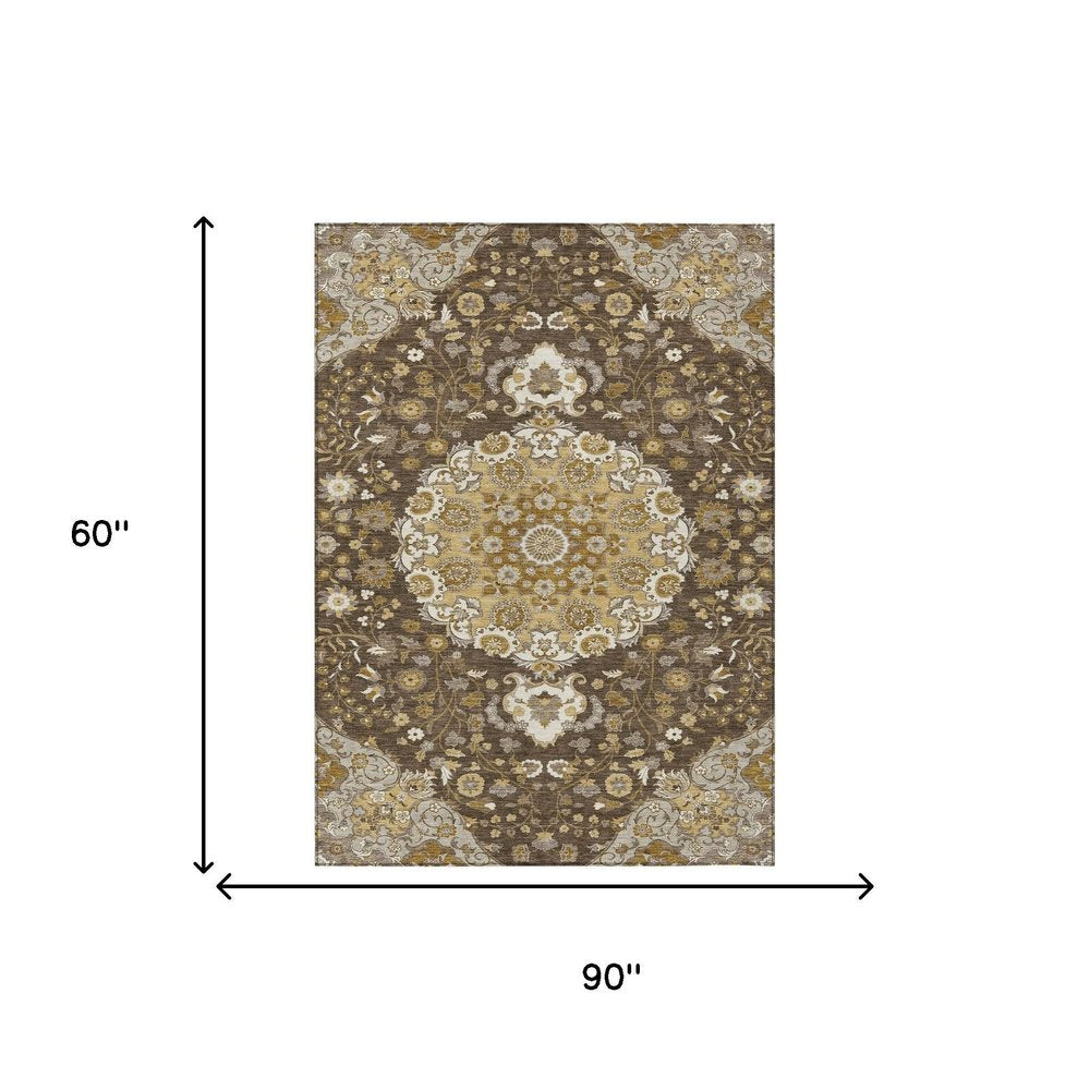 5' X 8' Chocolate And Brown Damask Washable Indoor Outdoor Area Rug — view 20