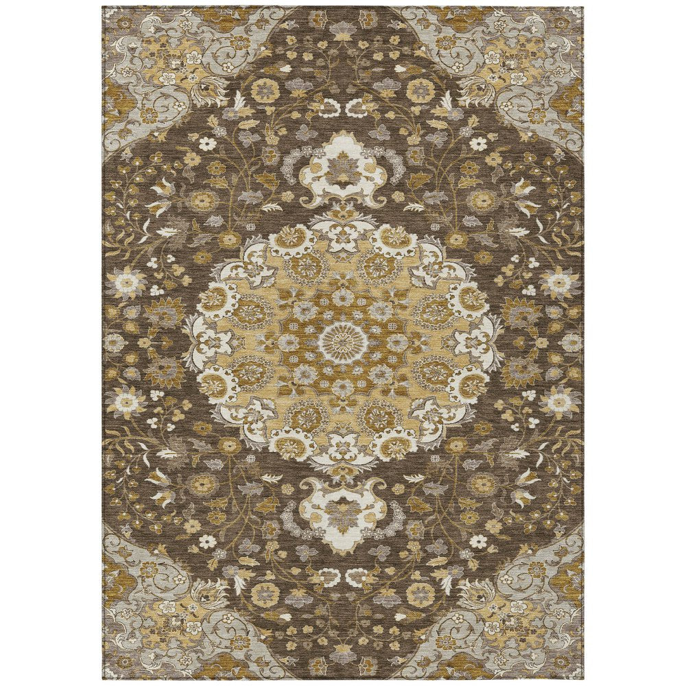 5' X 8' Chocolate And Brown Damask Washable Indoor Outdoor Area Rug — view 1