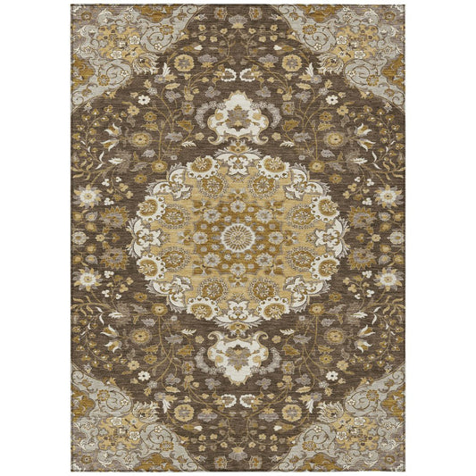 5' X 8' Chocolate And Brown Damask Washable Indoor Outdoor Area Rug