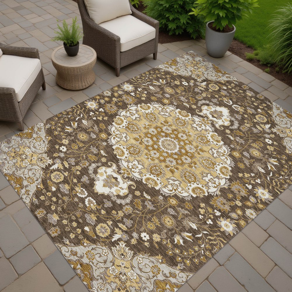 5' X 8' Chocolate And Brown Damask Washable Indoor Outdoor Area Rug — view 8