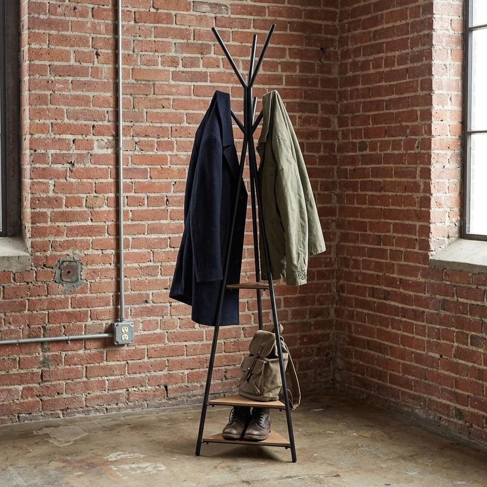71" Black Metal Six Hook Freestanding Coat Rack