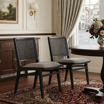 Set of Two Beige And Black Fabric Solid Wood And Rattan Dining Side Chairs HomeRoots