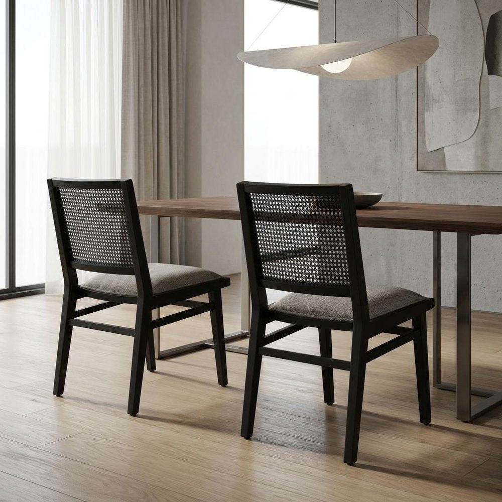 Set of Two Beige And Black Fabric Solid Wood And Rattan Dining Side Chairs — view 13