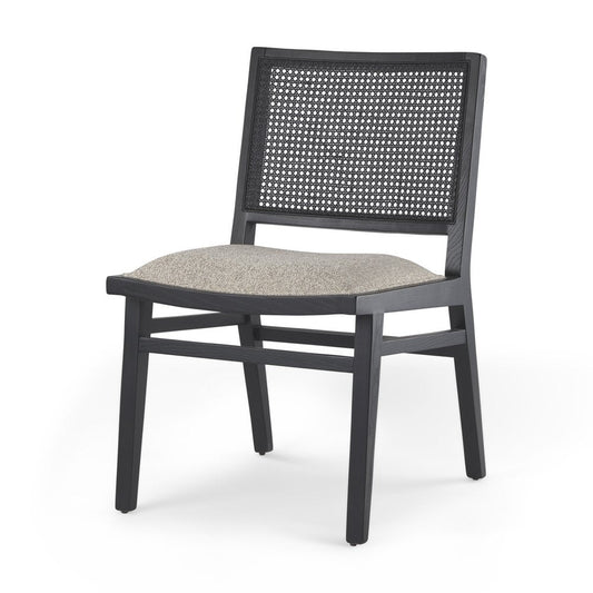 Set of Two Beige And Black Fabric Solid Wood And Rattan Dining Side Chairs HomeRoots