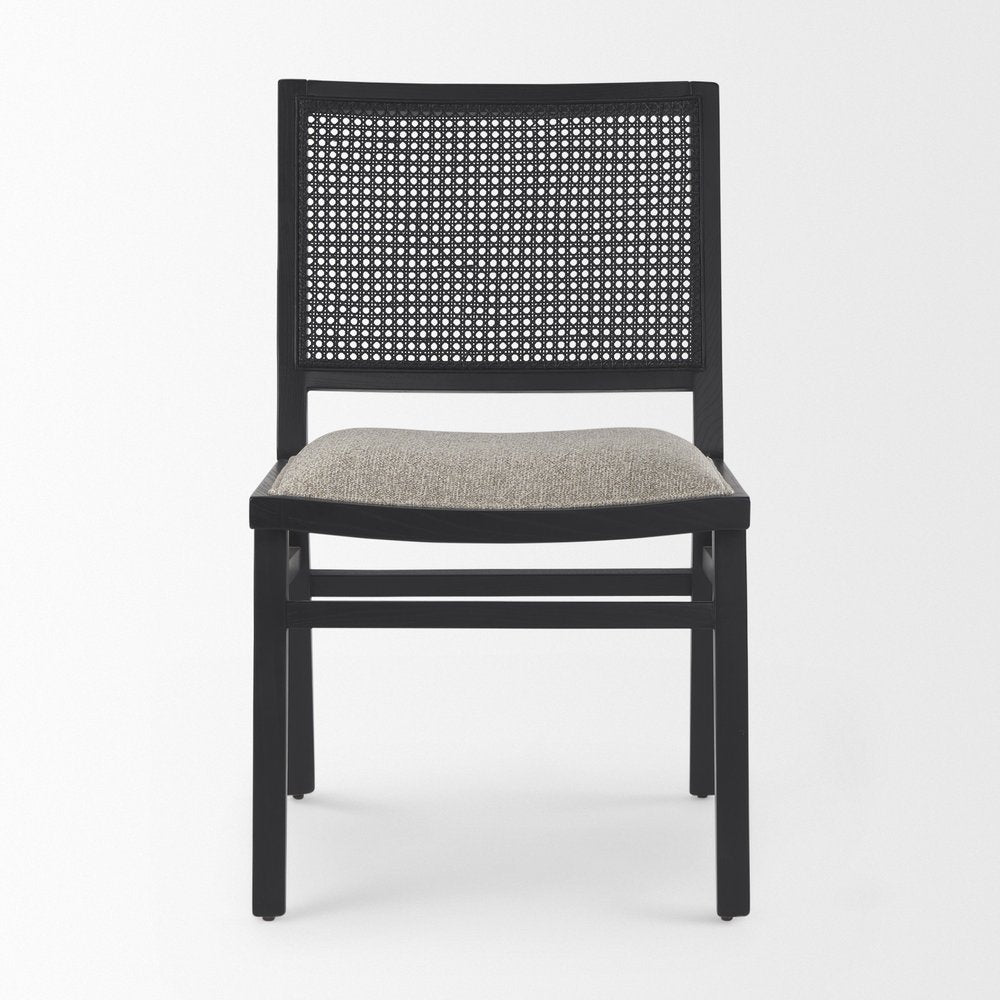 Set of Two Beige And Black Fabric Solid Wood And Rattan Dining Side Chairs HomeRoots