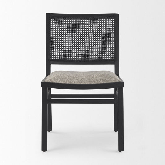 Set of Two Beige And Black Fabric Solid Wood And Rattan Dining Side Chairs