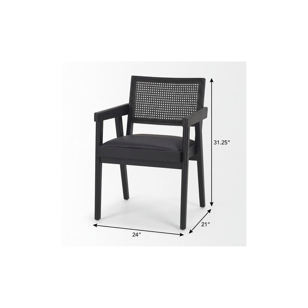 Black Leather Solid Wood And Rattan Dining Arm Chair — view 9