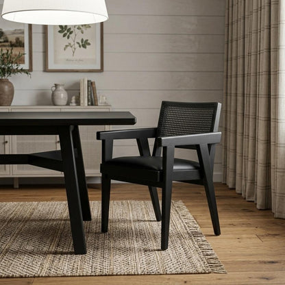 Black Leather Solid Wood And Rattan Dining Arm Chair HomeRoots
