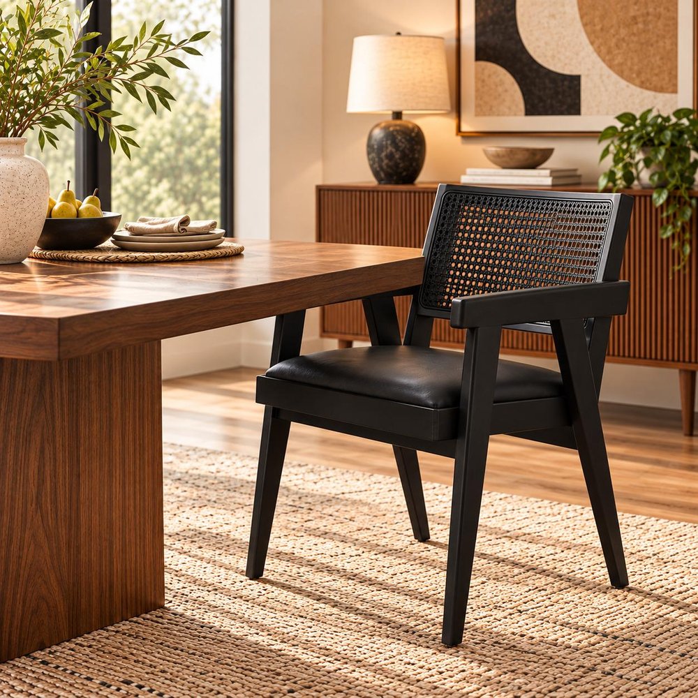 Black Leather Solid Wood And Rattan Dining Arm Chair