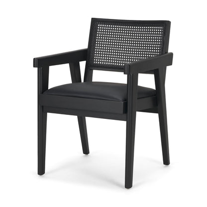 Black Leather Solid Wood And Rattan Dining Arm Chair