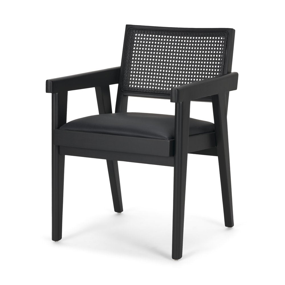 Black Leather Solid Wood And Rattan Dining Arm Chair — view 1