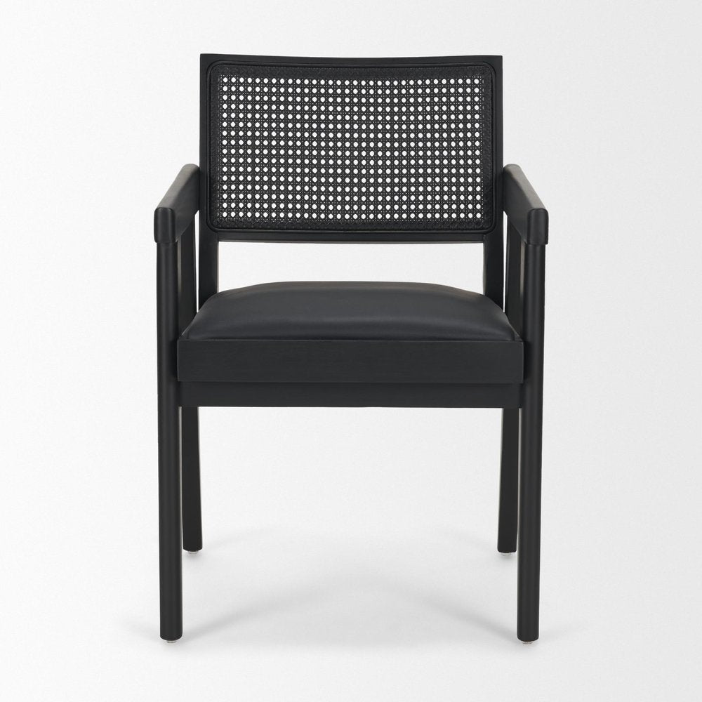 Black Leather Solid Wood And Rattan Dining Arm Chair — view 2