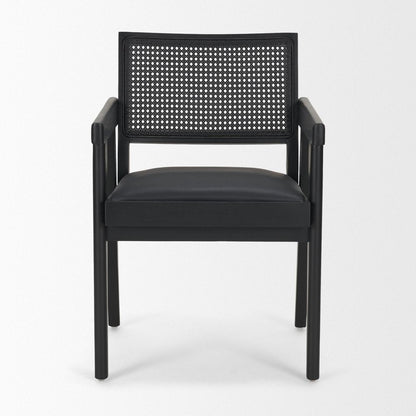 Black Leather Solid Wood And Rattan Dining Arm Chair HomeRoots