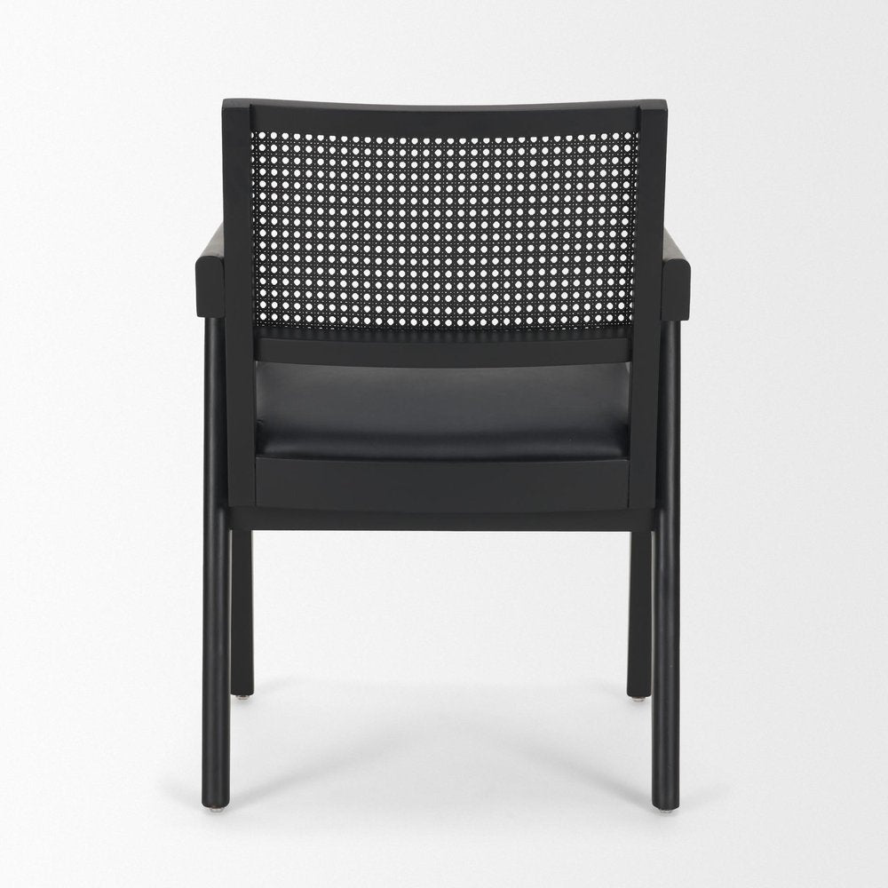 Black Leather Solid Wood And Rattan Dining Arm Chair