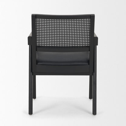 Black Leather Solid Wood And Rattan Dining Arm Chair