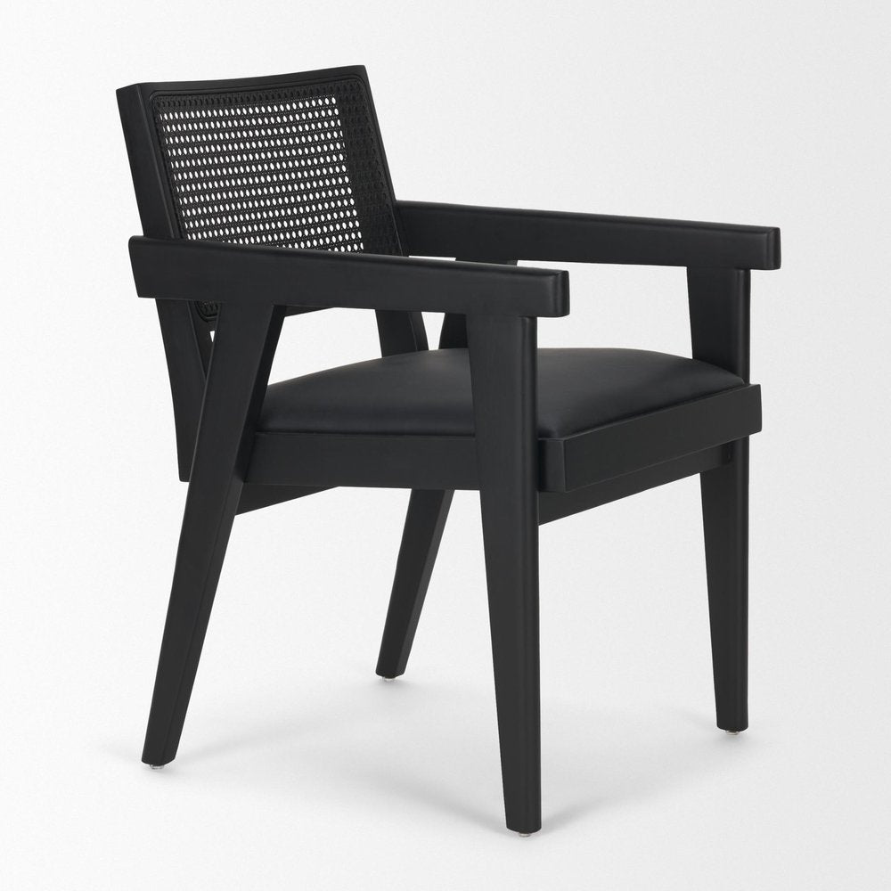 Black Leather Solid Wood And Rattan Dining Arm Chair HomeRoots